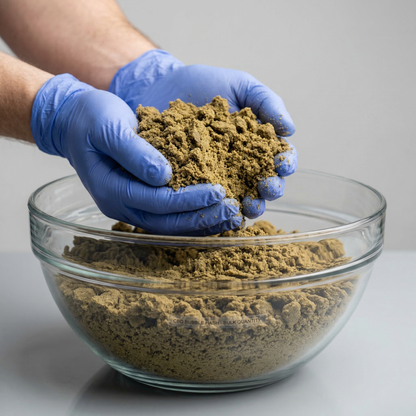Blue-gloved hands scooping a double handful of crumbled CBD bubble hash from a large glass bowl filled with bulk product, olive-brown granular texture, light gray background