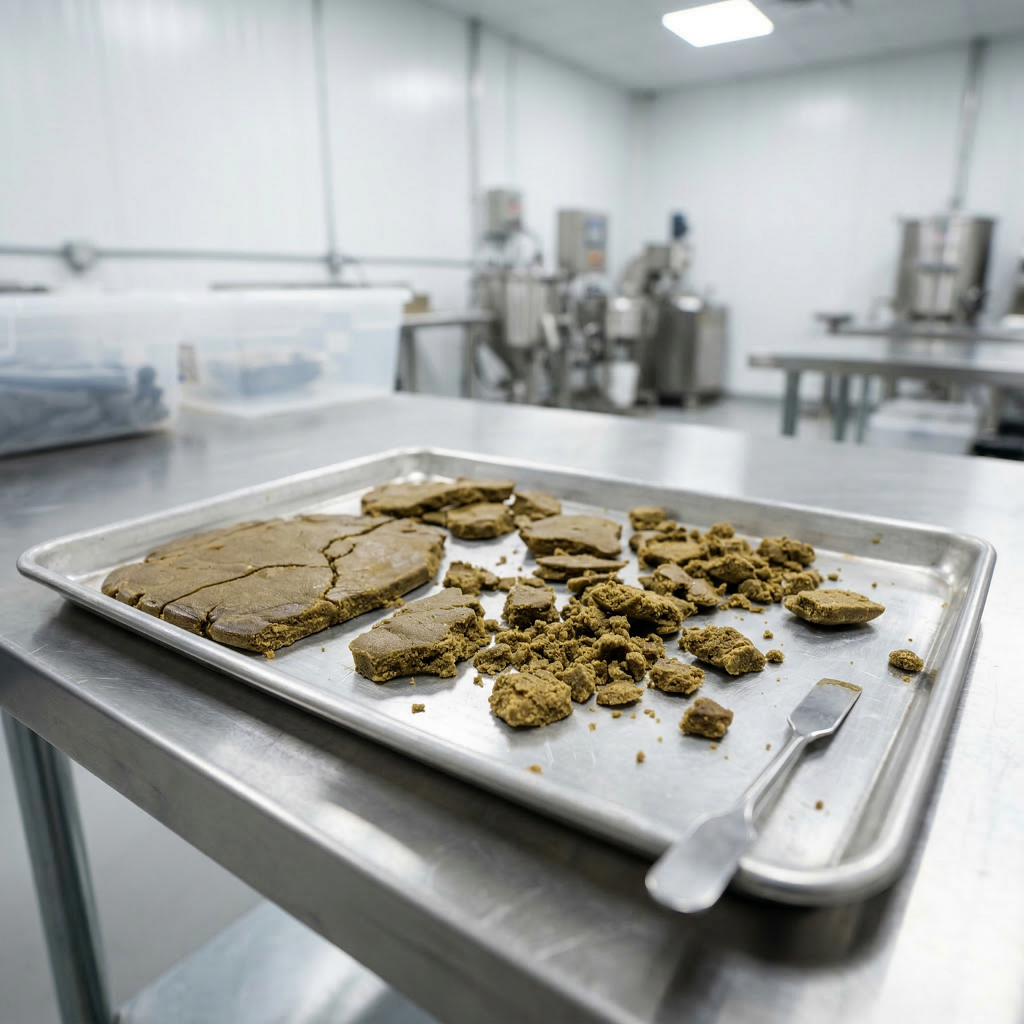 CBD bubble hash slabs and crumbled pieces spread across a stainless steel sheet tray on a work table, with a metal spatula alongside and a blurred white commercial processing facility in the background