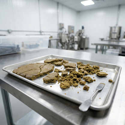 CBD bubble hash slabs and crumbled pieces spread across a stainless steel sheet tray on a work table, with a metal spatula alongside and a blurred white commercial processing facility in the background