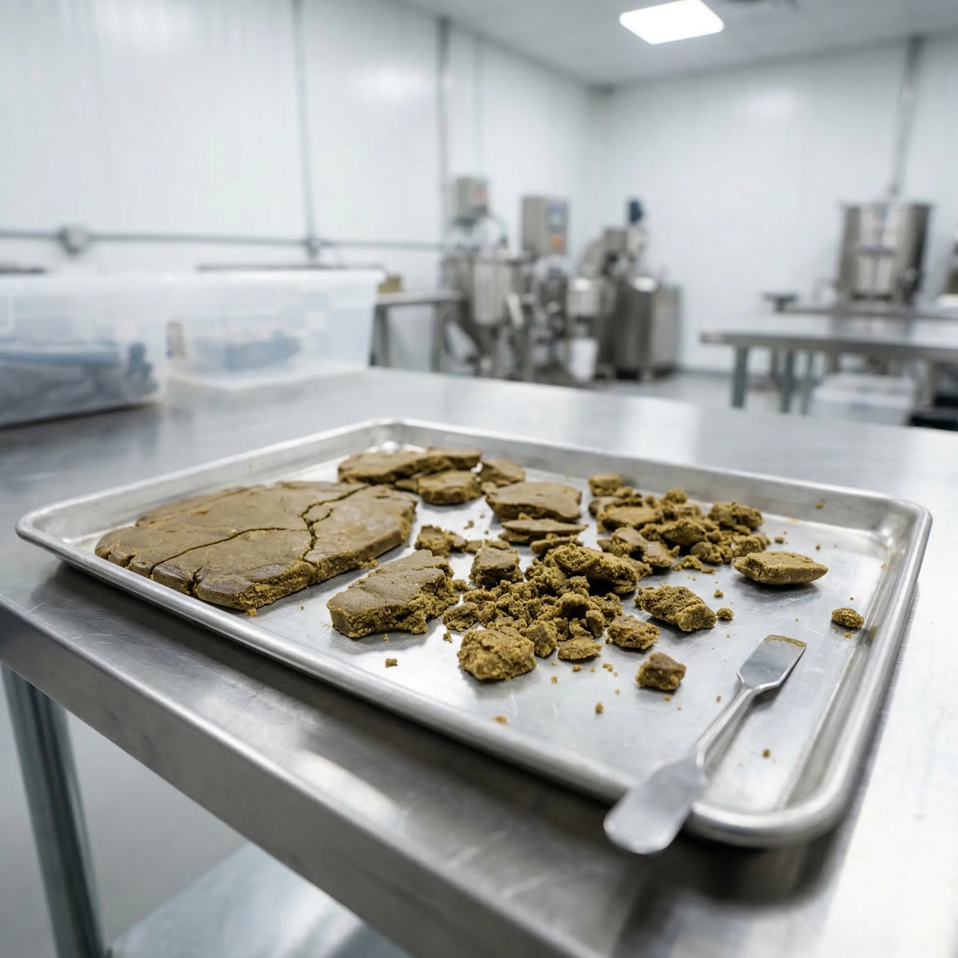 CBD bubble hash slabs and crumbled pieces spread across a stainless steel sheet tray on a work table | Hurcann