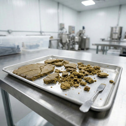 CBD bubble hash slabs and crumbled pieces spread across a stainless steel sheet tray on a work table | Hurcann