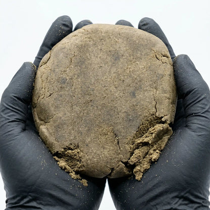 Two black-gloved hands cradling a large round CBD bubble hash disc, with visible cracks and crumbling edges revealing the fine powdery interior | Hurcann