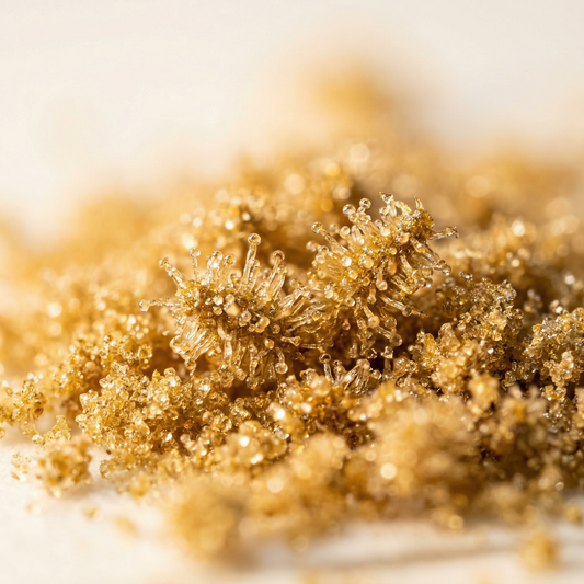 Extreme macro close-up of CBD kief trichome heads on white background — golden crystalline hemp trichomes