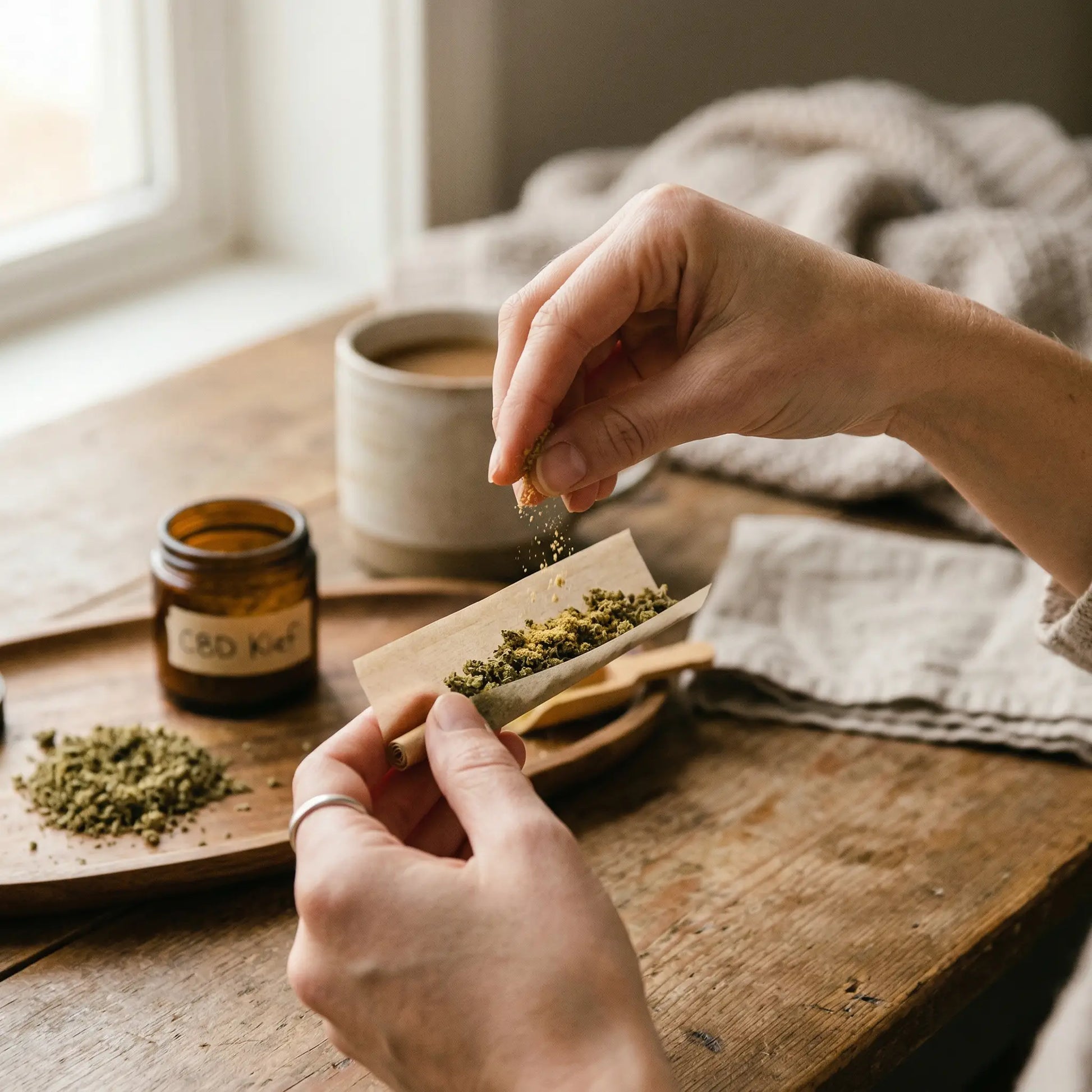 Hands sprinkling CBD kief onto a hemp joint with CBD kief jar on wooden surface — how to use CBD kief | Hurcann