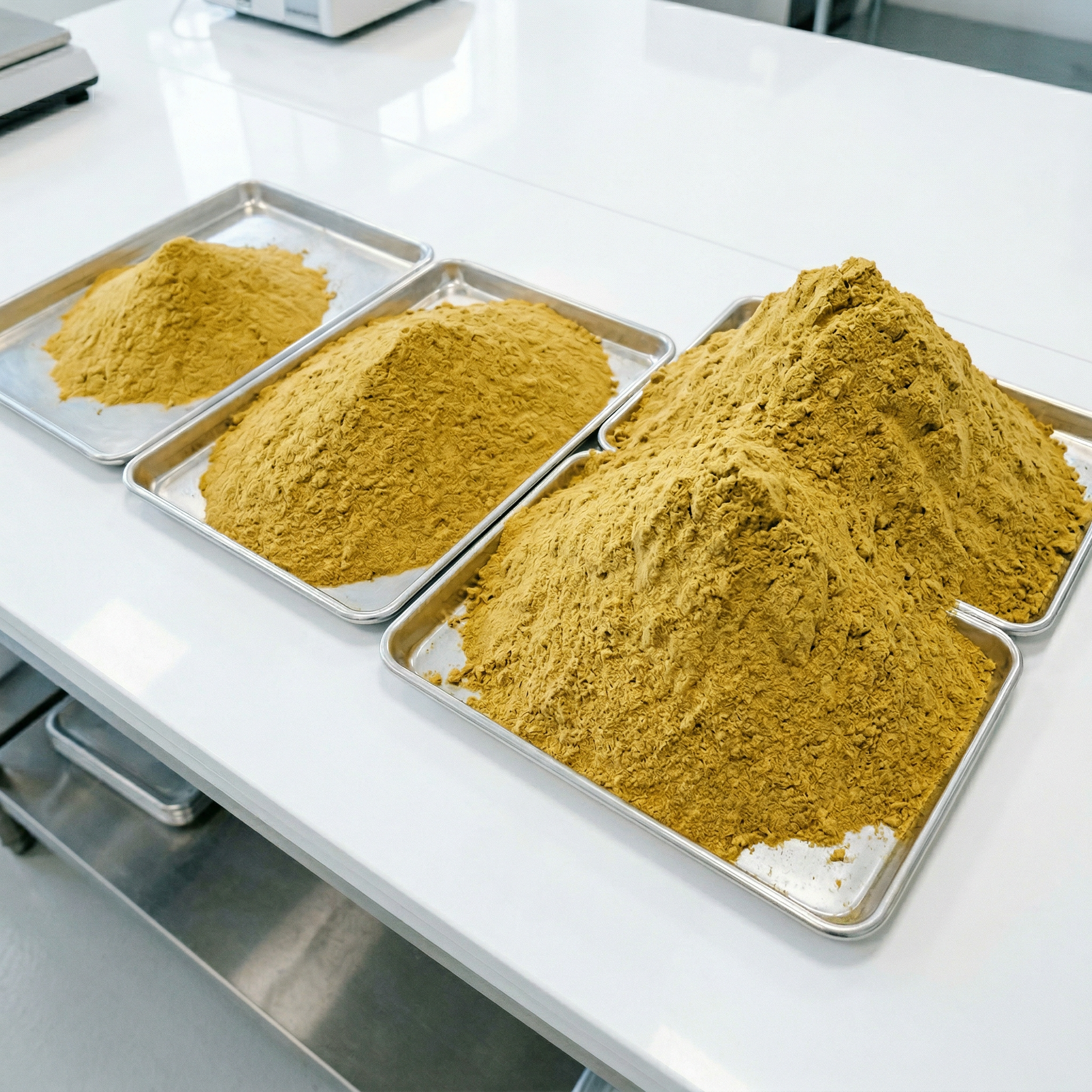 Three trays of bulk CBD kief powder in a hemp production facility — wholesale CBD kief supply 250g to 1kg
