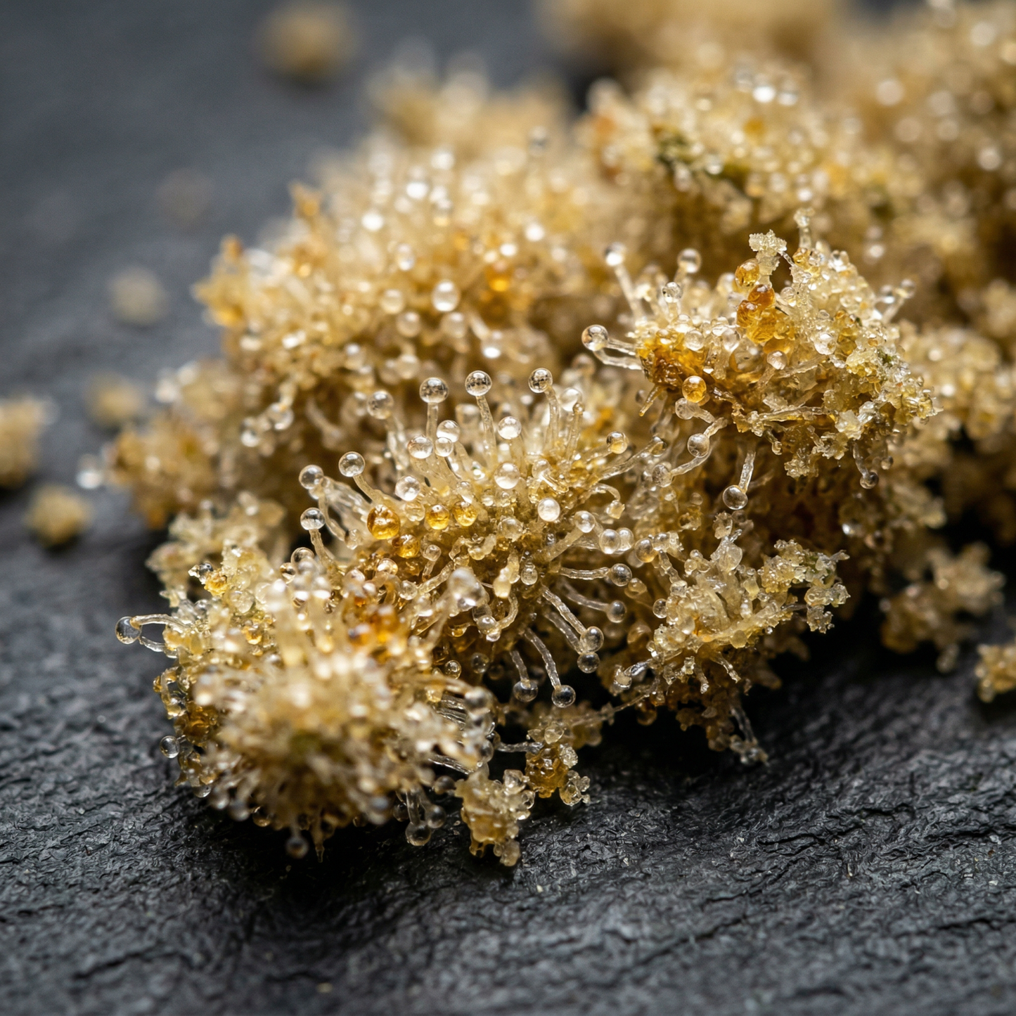 Extreme macro close-up of CBD kief trichome heads on dark slate — golden crystalline hemp-derived CBD trichomes