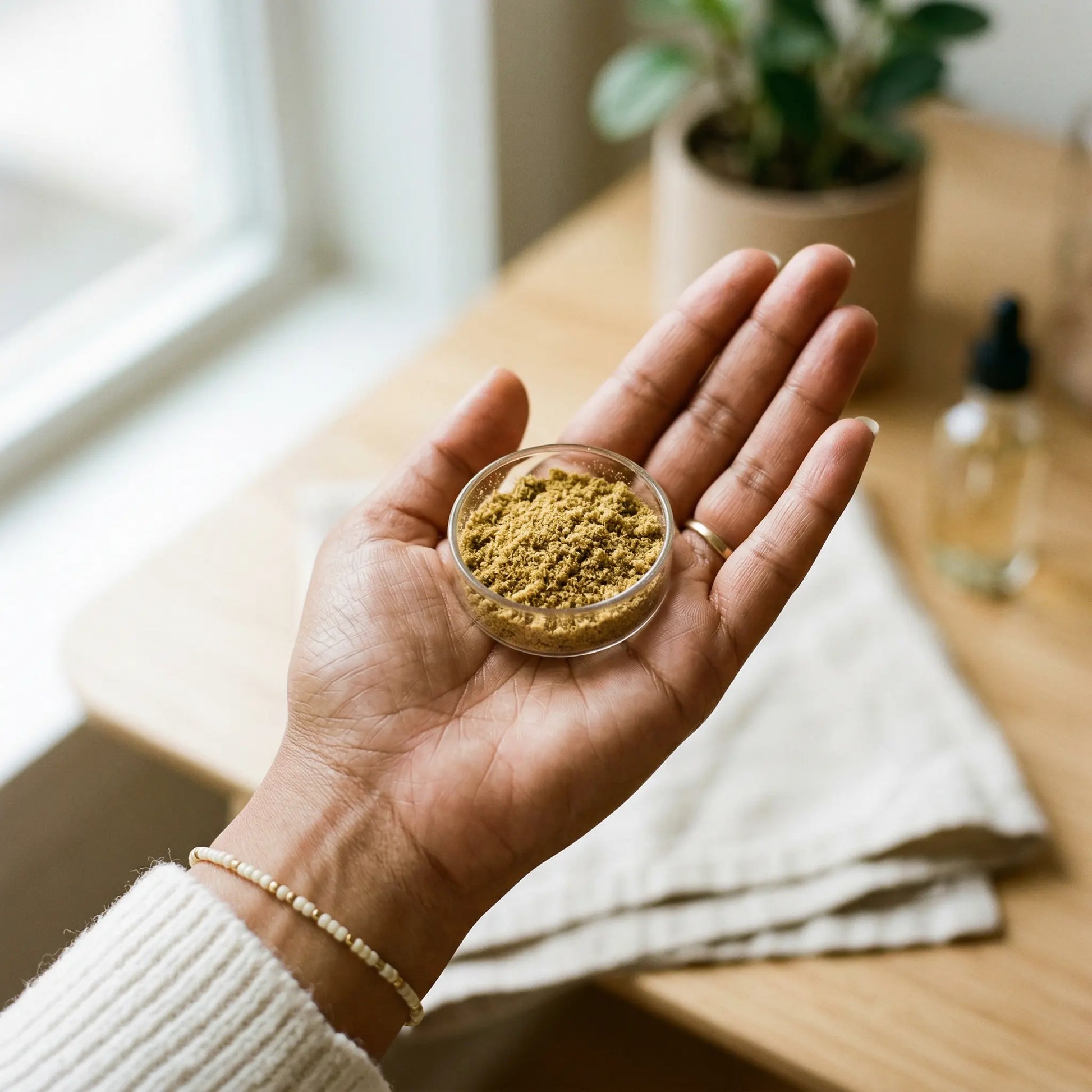 Hand holding a small glass dish of CBD kief — golden hemp kief powder in a warm natural home setting | Hurcann
