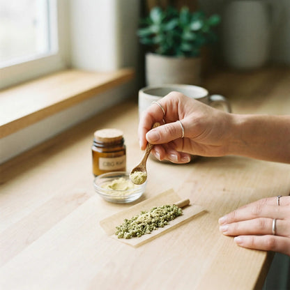 Hand spooning CBG kief powder onto hemp flower with wooden spoon — how to use white CBG kief, lifestyle photo | Hurcann