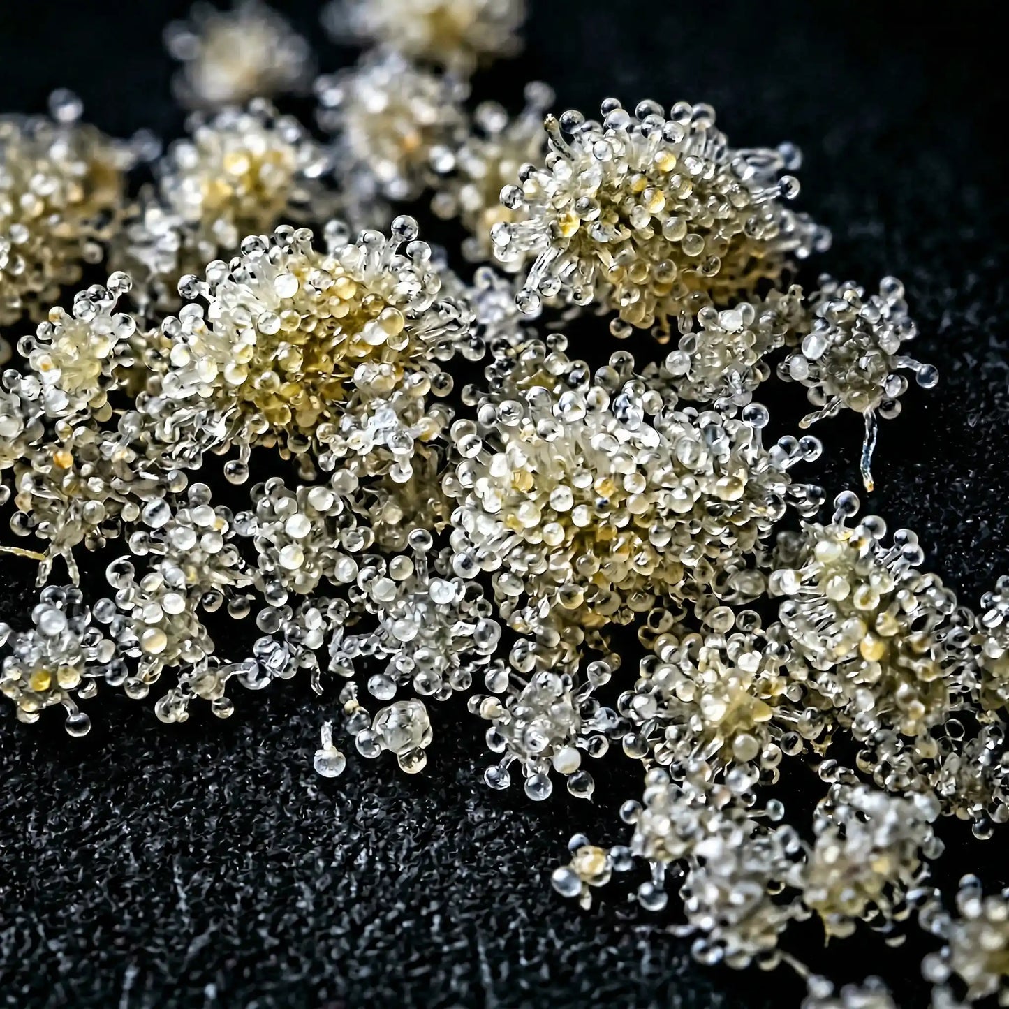 Extreme macro close-up of white CBG kief trichome clusters on black background — naturally white crystalline hemp-derived CBG trichomes | Hurcann