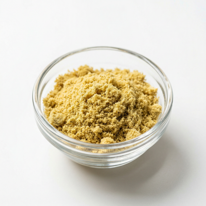 CBG kief powder in a glass bowl on white background — fine white hemp kief from CBG-dominant hemp flower