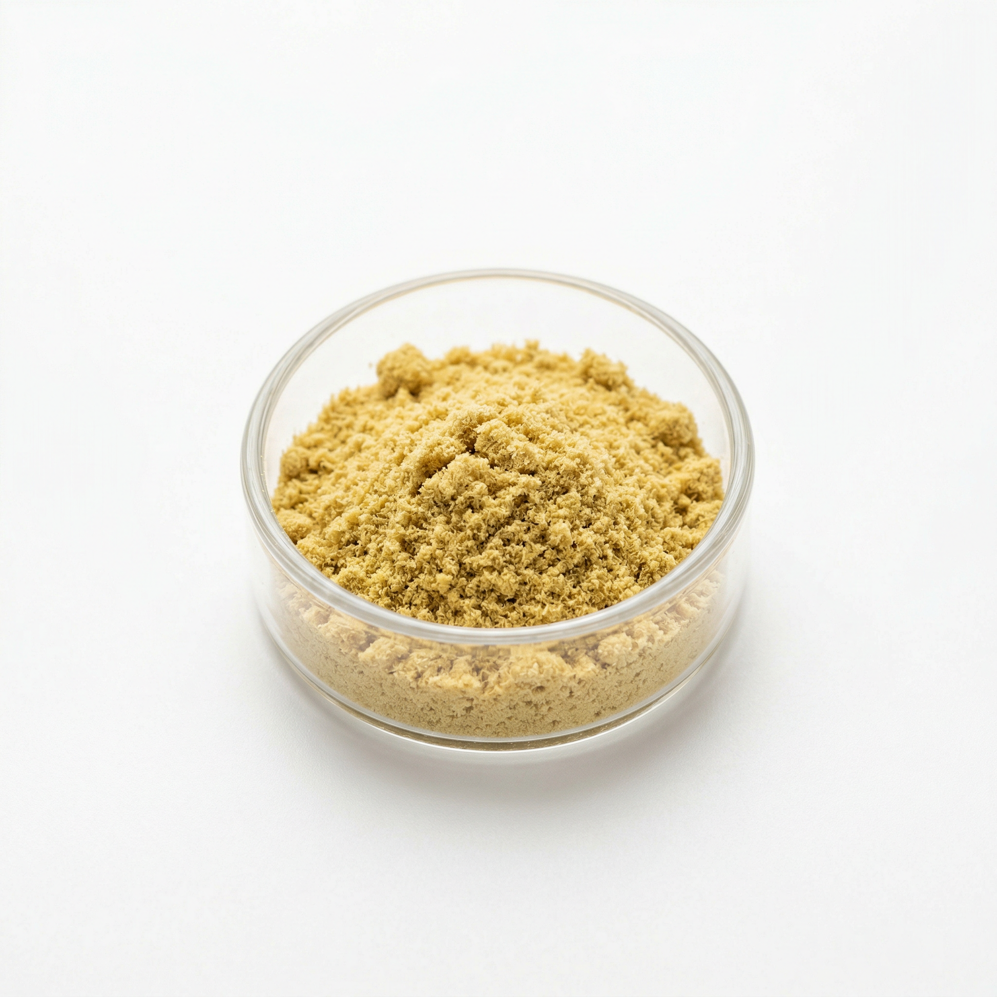 CBG kief powder in a glass bowl on white background — premium white hemp-derived CBG kief, 7g retail