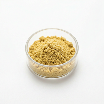 CBG kief powder in a glass bowl on white background — premium white hemp-derived CBG kief, 7g retail