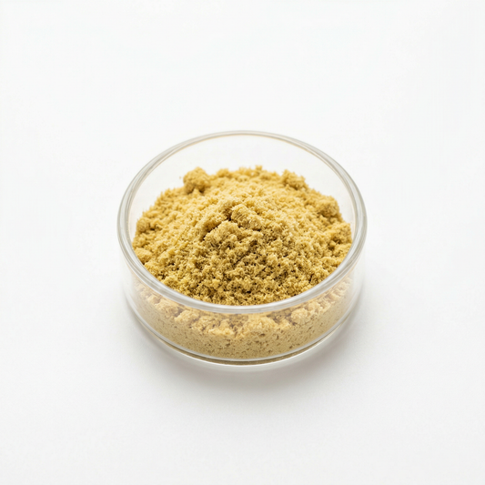 CBG kief powder in a glass bowl on white background — premium white hemp-derived CBG kief, 7g retail