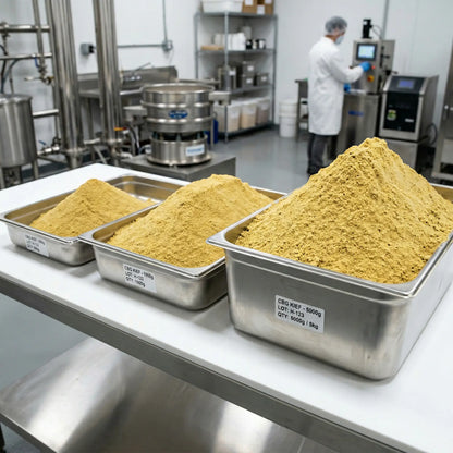 Three labeled trays of bulk CBG kief in a hemp production facility showing 500g, 1000g and 1kg wholesale quantities — professional CBG kief supply | Hurcann