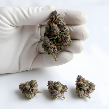 Gloves photo handling Grape Pie THCA hemp flower AA grade for wholesale, emphasizing dense structure and heavy trichome frost