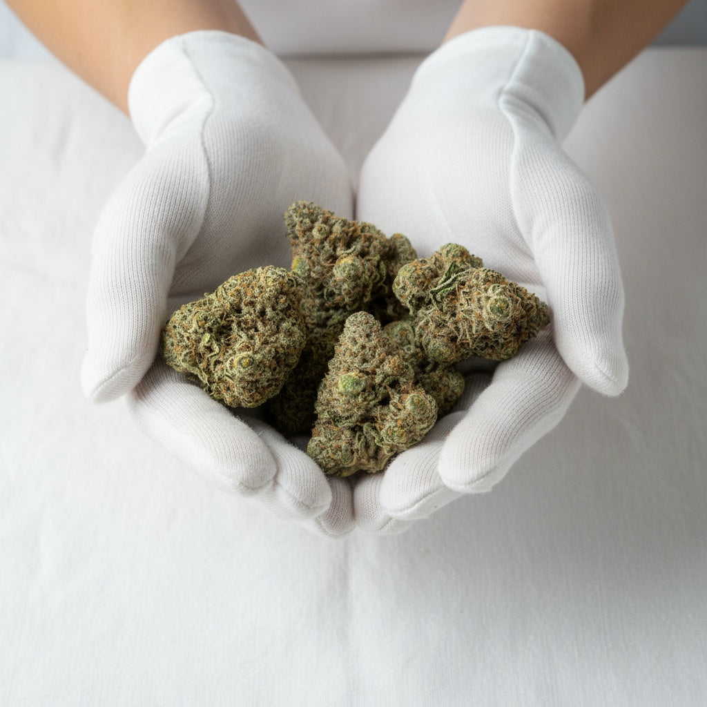 With a prism of green, purple, and orange, coated in a dense trichome layer.