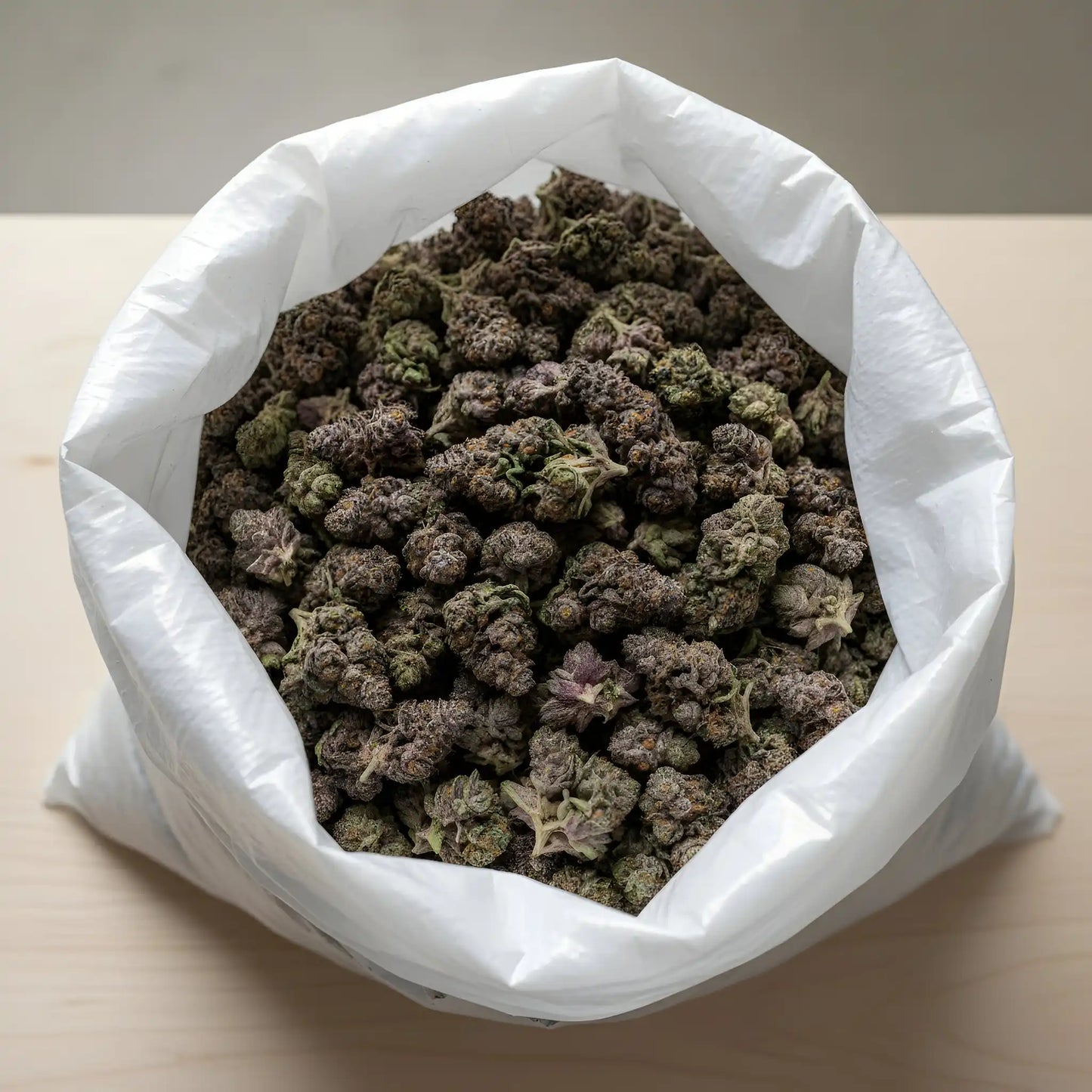 Wholesale photo of Grape Pie THCA hemp flower indica-dominant AA grade, bulk buds showing purple hues and 27 percent THCA | Hurcann
