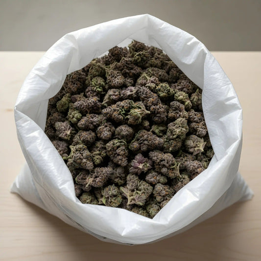 Wholesale photo of Grape Pie THCA hemp flower indica-dominant AA grade, bulk buds showing purple hues and 27 percent THCA | Hurcann