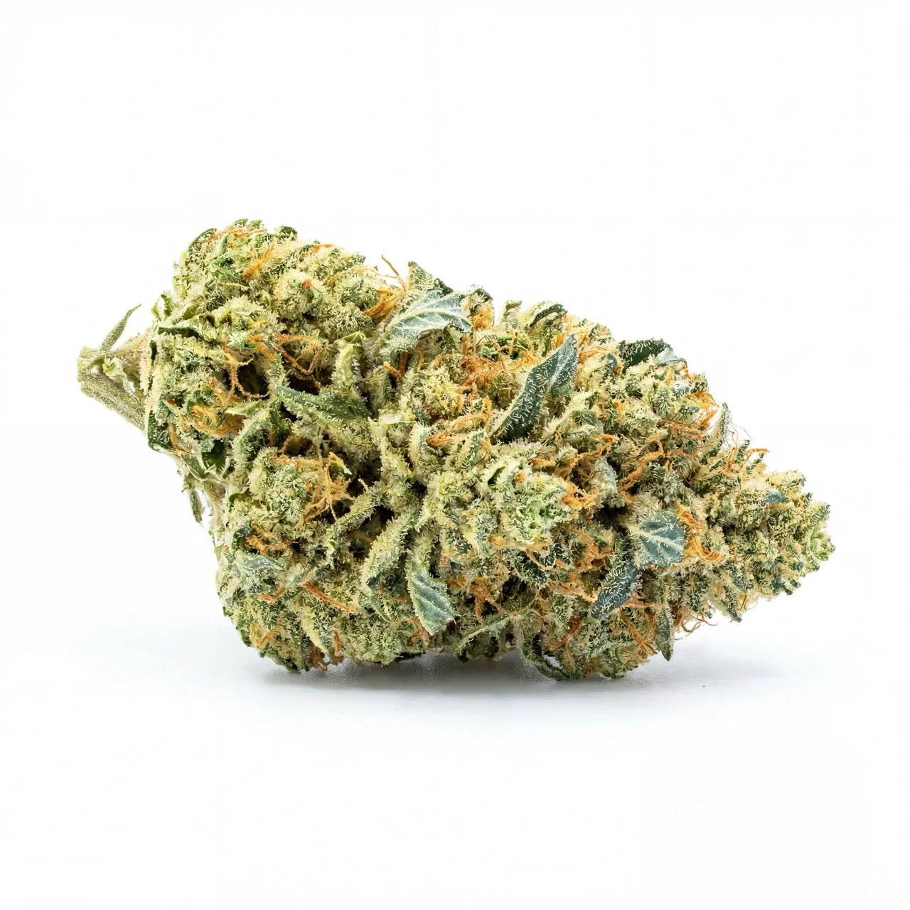 Hero shot of a single Blue Dream CBD flower bud captured in studio lighting. The bud displays vibrant green coloration, orange pistils, and a frosty trichome layer across the surface | Hurcann