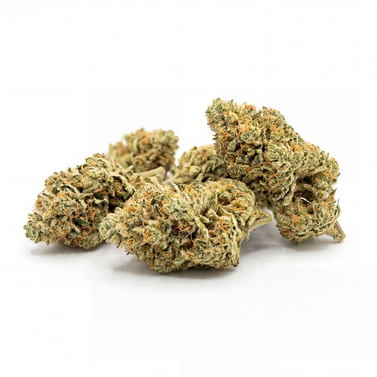 Cluster of Ice Cream Cake CBD hemp flower buds on a white background, showing compact olive-green structure coated in a thick cream-white trichome layer with bright orange pistils throughout