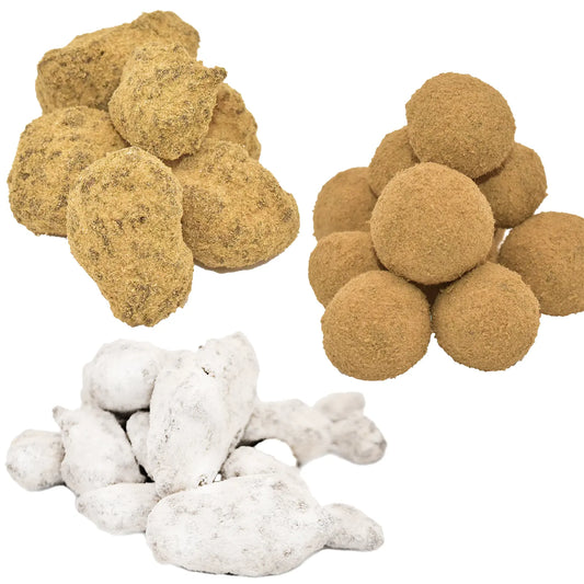  A ½ oz premium Delta-8 THC value pack featuring Hurcann Moon Rock, Hash Rock & Ice Cap, highlighting resinous, infused hemp buds for enhanced potency and smooth smoking.