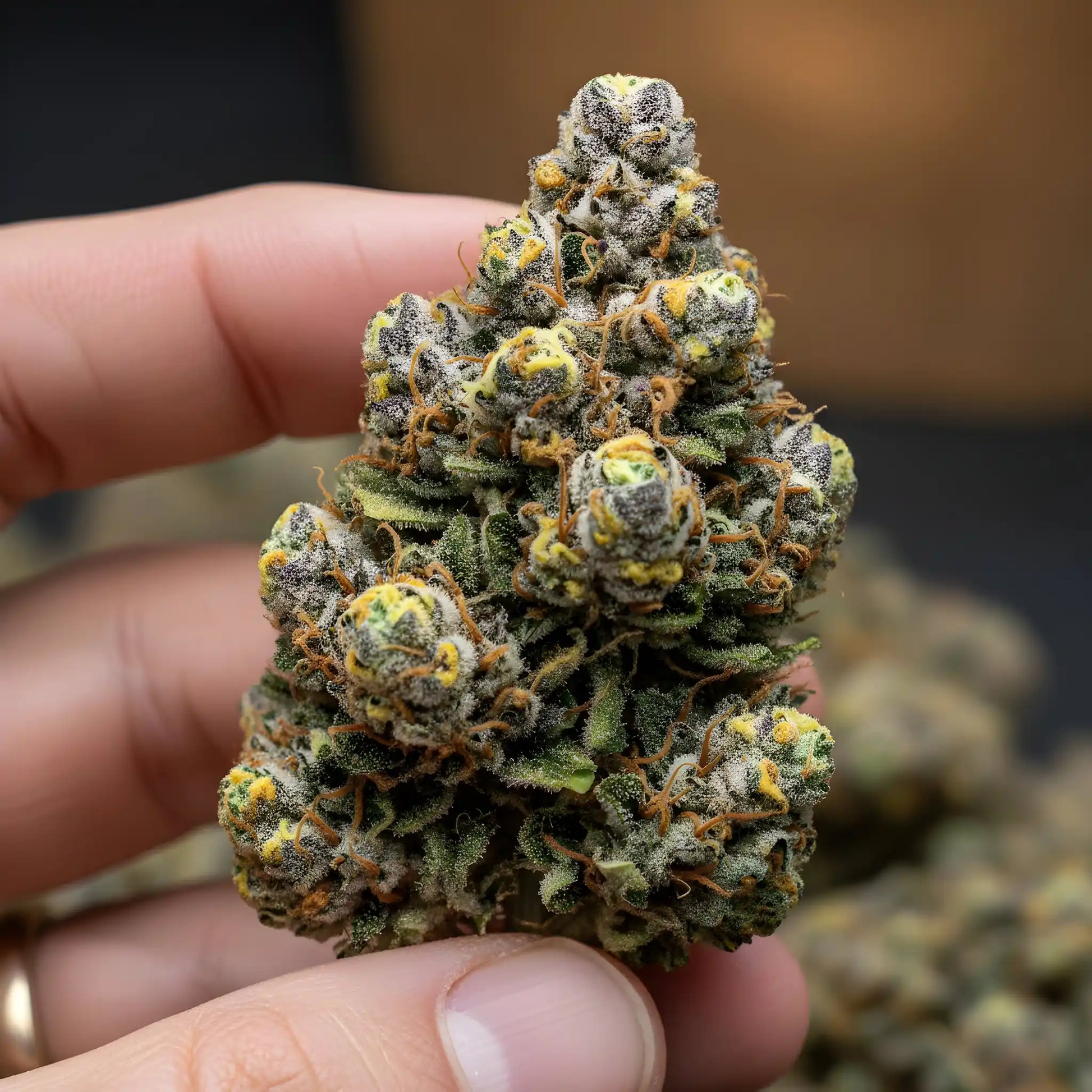 In hand photo of Ghosted THCA hemp flower hybrid AAA grade, showcasing shimmering frosty buds with pale green and white tones and 31 percent THCA potency | Hurcann