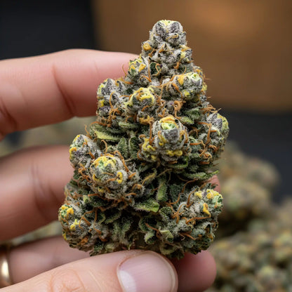 In hand photo of Ghosted THCA hemp flower hybrid AAA grade, showcasing shimmering frosty buds with pale green and white tones and 31 percent THCA potency | Hurcann