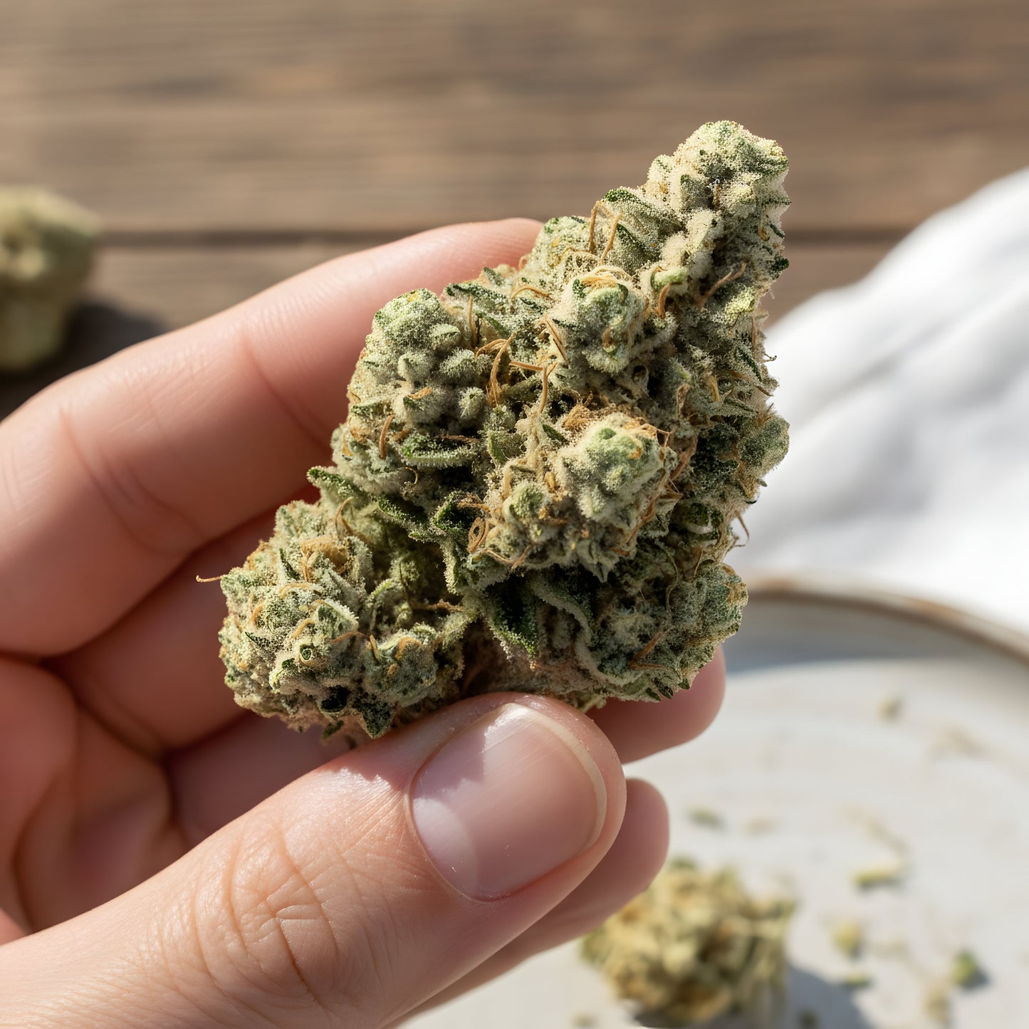 In hand photo of Cream Cake THCA hemp flower indica AA grade, displaying sticky resin texture and dense dessert-style buds