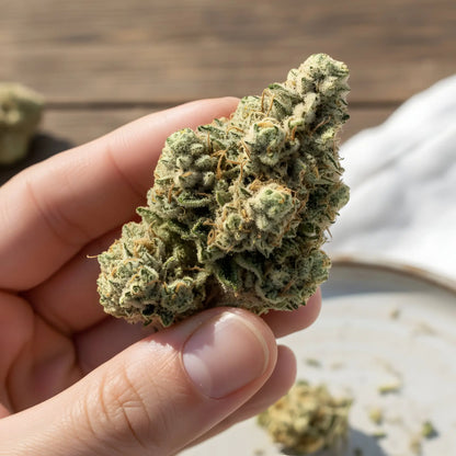 In hand photo of Cream Cake THCA hemp flower indica AA grade, displaying sticky resin texture and dense dessert-style buds | Hurcann