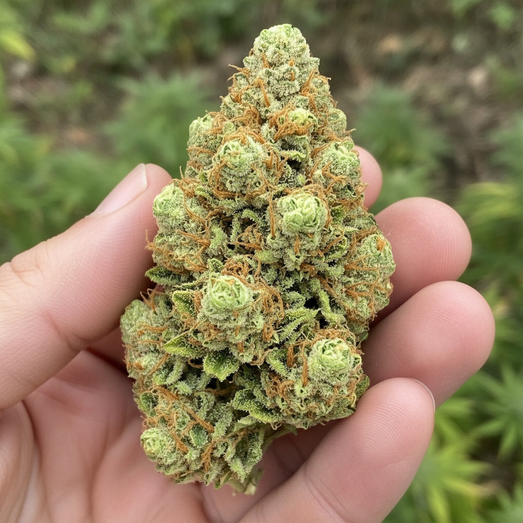 Massive, resin-coated buds with dark green tones and thick amber hairs.