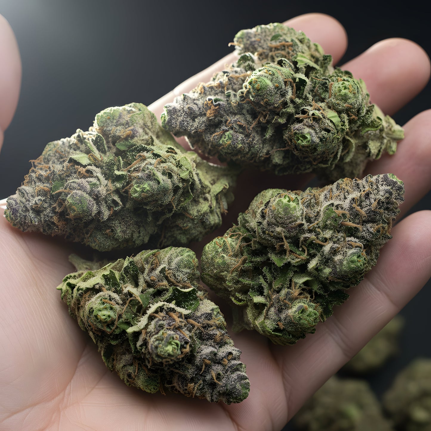 In hand photo of Super Boof THCA hemp flower hybrid AAA grade, showcasing dense resin rich buds with deep purple tones