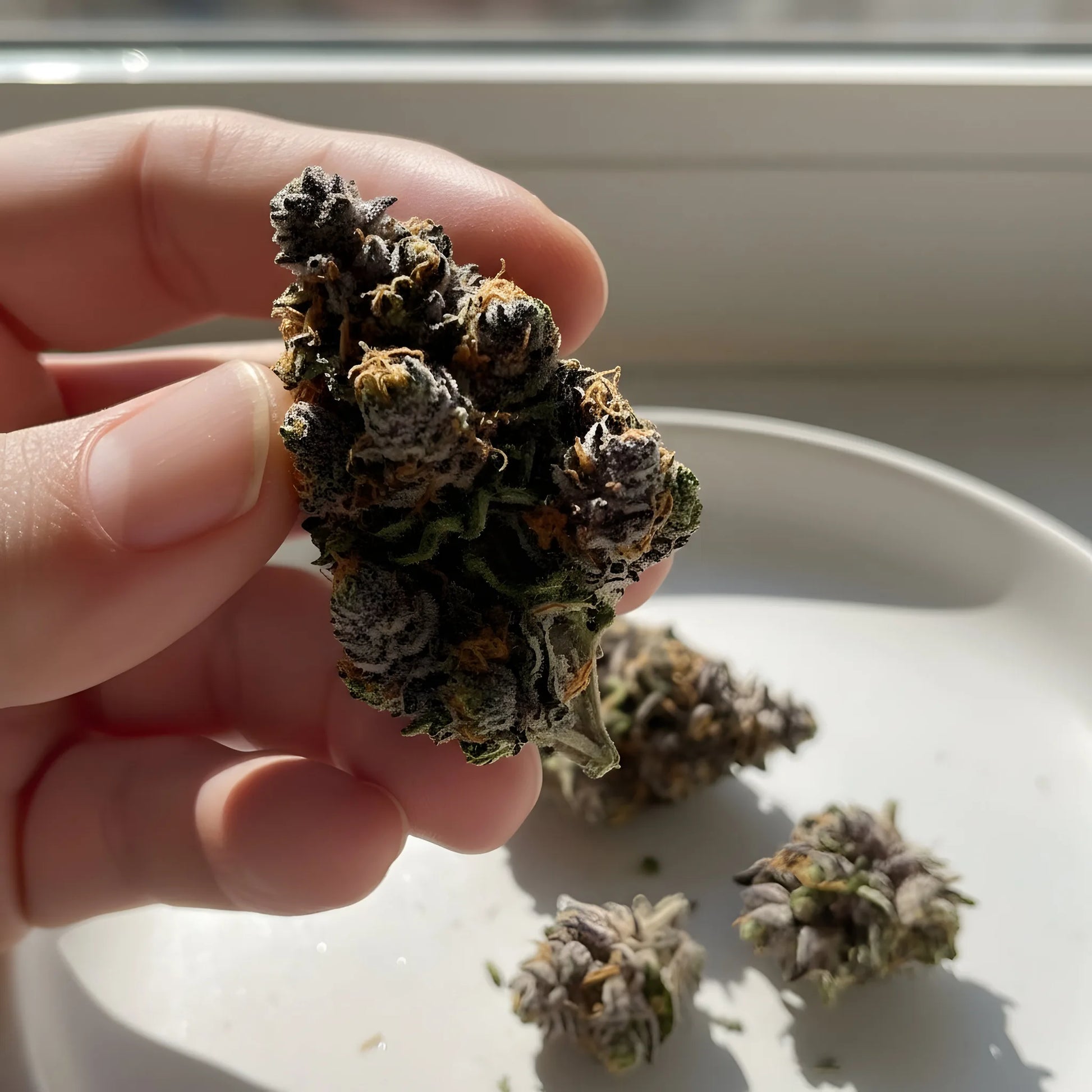 In hand photo of Grape Pie THCA hemp flower indica-dominant AA grade, displaying compact sticky buds with deep purple coloration | Hurcann