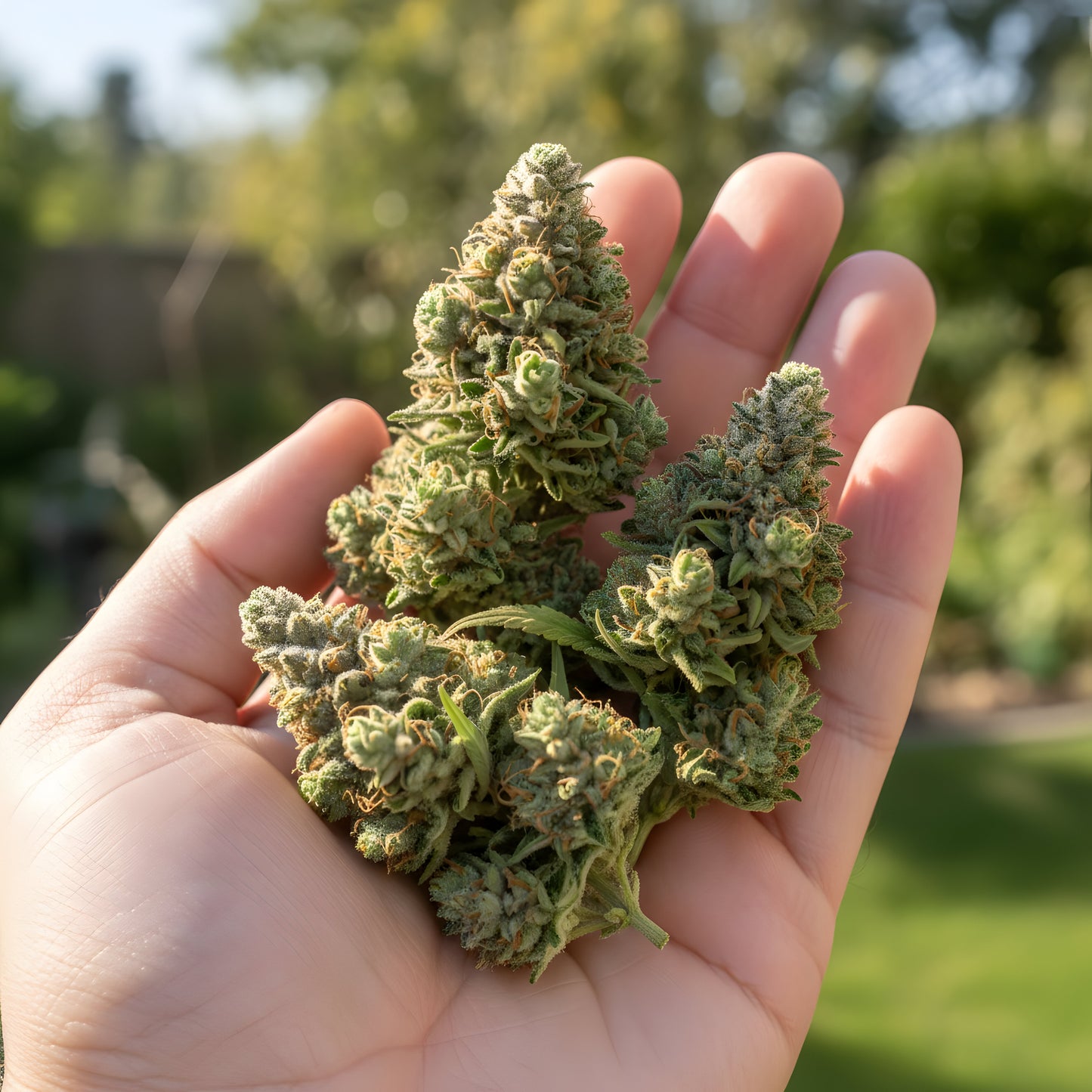 In hand photo of Gary Eyes THCA hemp flower indica dominant AA grade, displaying compact resinous buds with clean cure and sticky texture