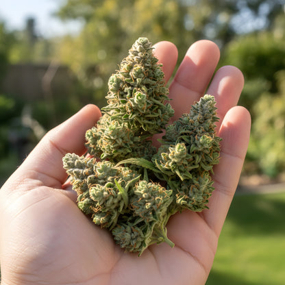 In hand photo of Gary Eyes THCA hemp flower indica dominant AA grade, displaying compact resinous buds with clean cure and sticky texture