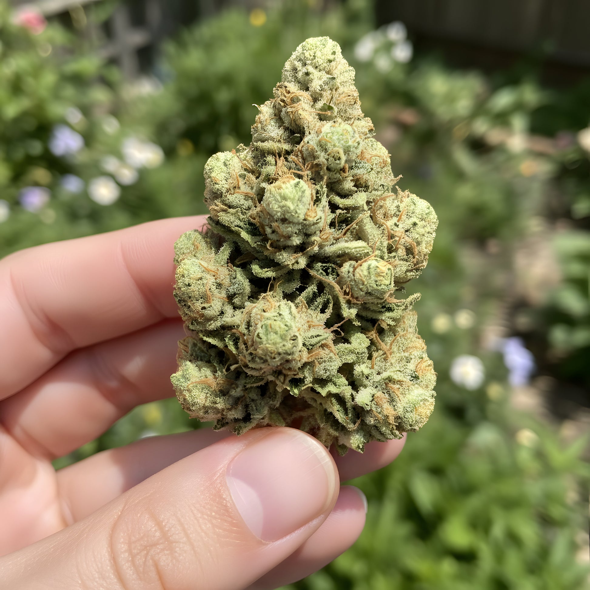In hand photo of Key Lime Pie THCA hemp flower indica-dominant AA grade, showing sticky frosted buds with bright lime coloration