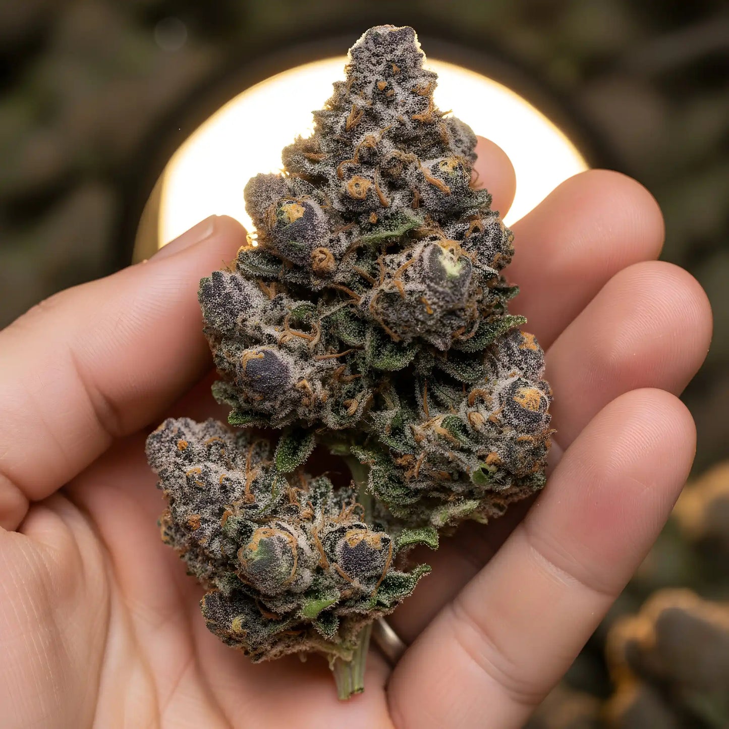 In hand photo of Grape Cherry Gelato THCA hemp flower hybrid AAA grade, showcasing sticky frosty buds with deep green and purple tones and 34 percent THCA potency | Hurcann
