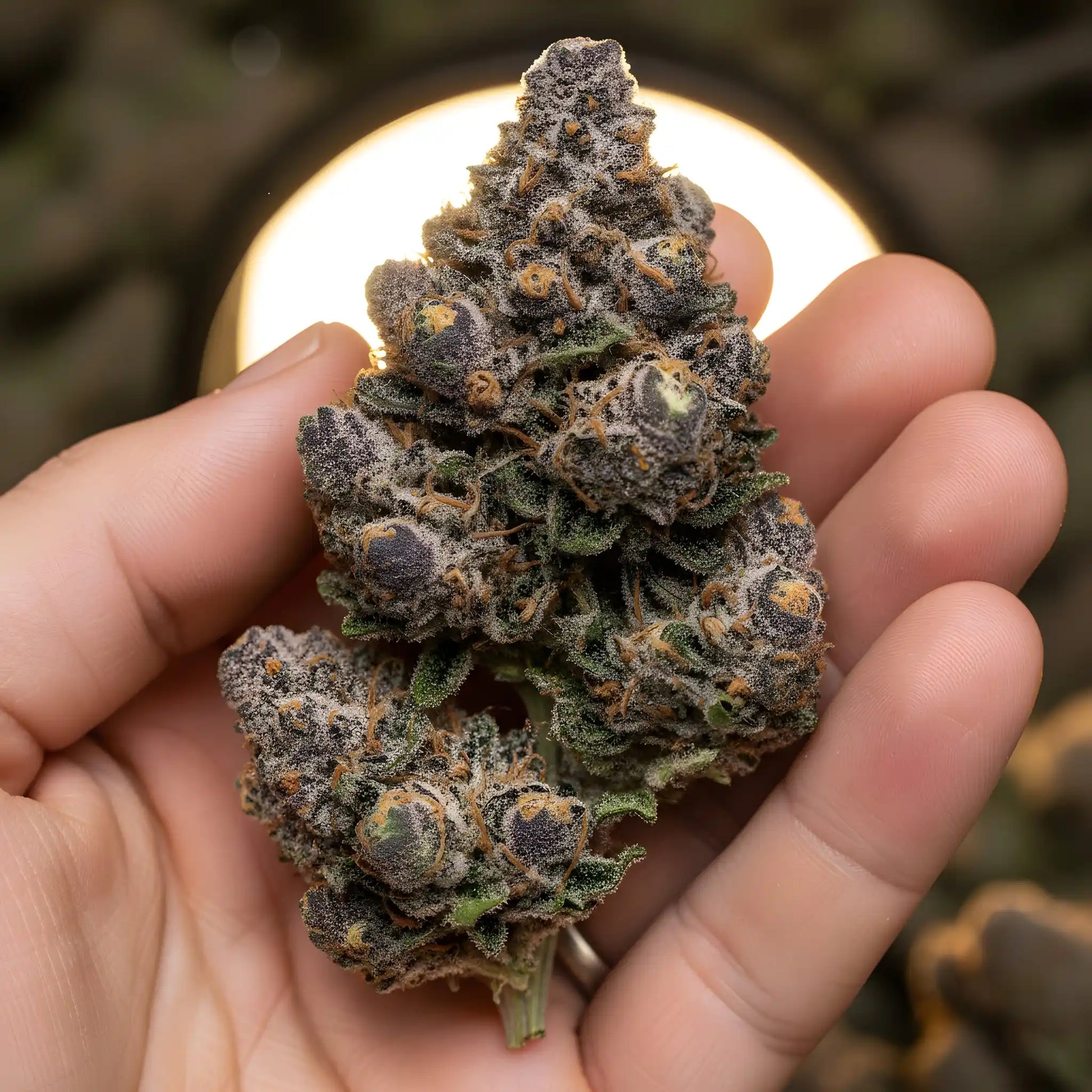 In hand photo of Grape Cherry Gelato THCA hemp flower hybrid AAA grade, showcasing sticky frosty buds with deep green and purple tones and 34 percent THCA potency | Hurcann