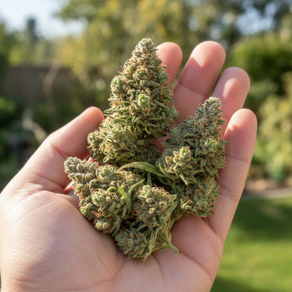 Gary Eyes buds are compact and shimmering, showing deep green hues and purple flecks beneath a frosty trichome layer.