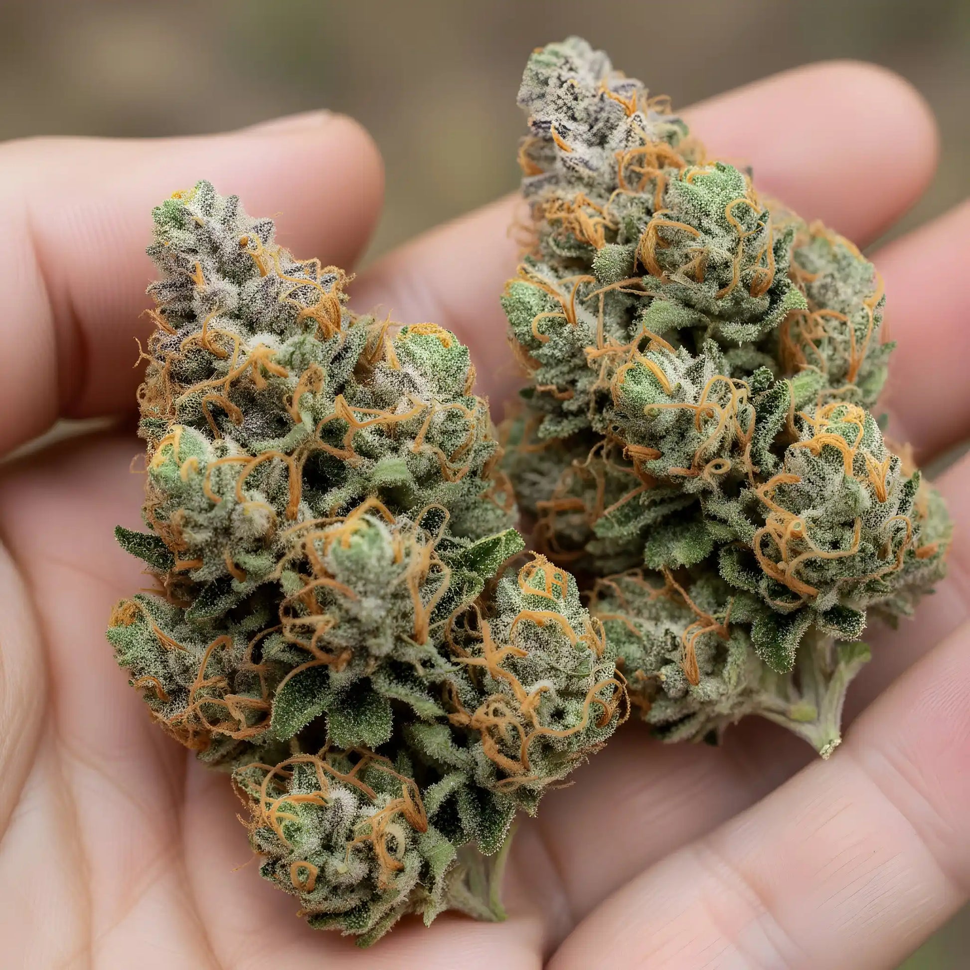 In hand photo of Vanilla Berry THCA hemp flower indica-dominant AA grade, displaying sticky resin texture and dessert-like bud structure