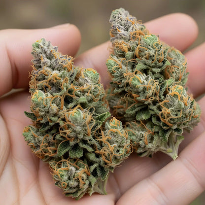 In hand photo of Vanilla Berry THCA hemp flower indica-dominant AA grade, displaying sticky resin texture and dessert-like bud structure