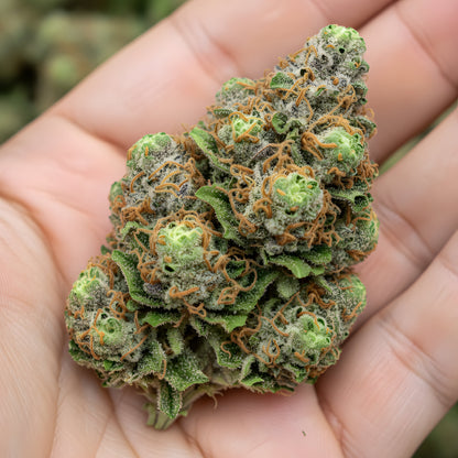 In hand photo of Strawberry Cherry THCA hemp flower hybrid AAA grade, showcasing frosty emerald buds with red hairs and 28 percent THCA potency