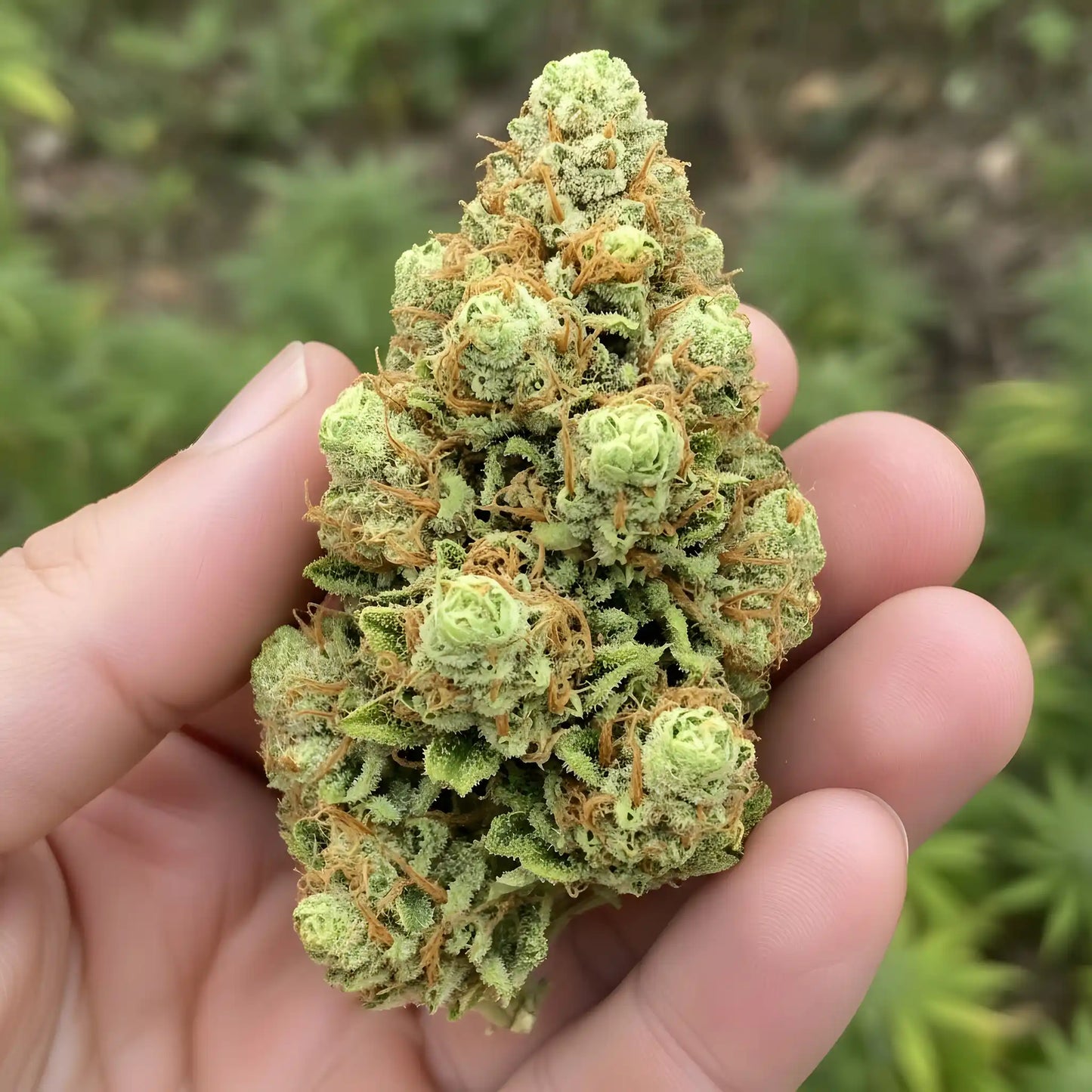 In hand photo of King Kong Killer THCA hemp flower indica dominant AAA grade, displaying oversized dense buds coated in resin with strong diesel scent and 31 percent THCA potency | Hurcann