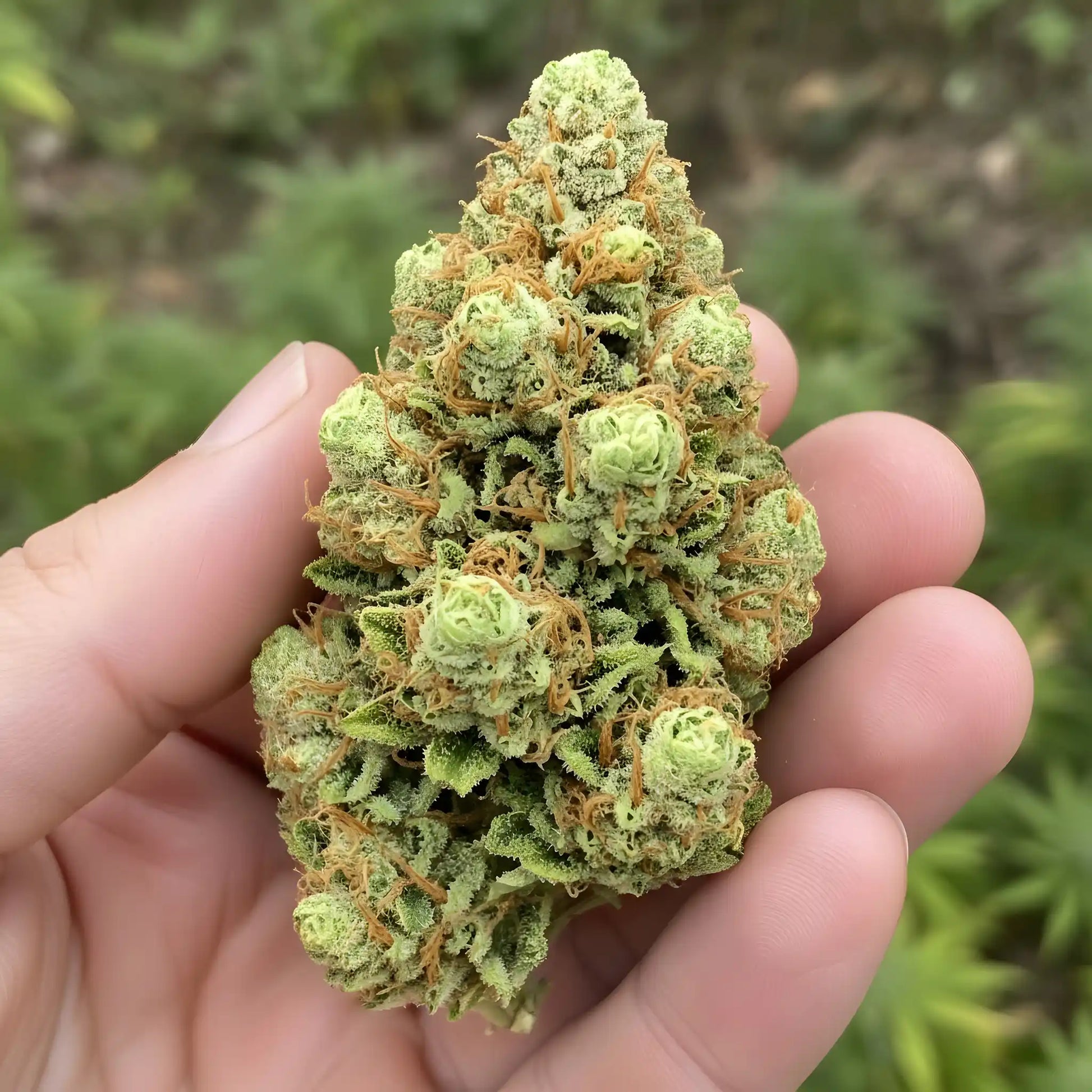 In hand photo of King Kong Killer THCA hemp flower indica dominant AAA grade, displaying oversized dense buds coated in resin with strong diesel scent and 31 percent THCA potency | Hurcann