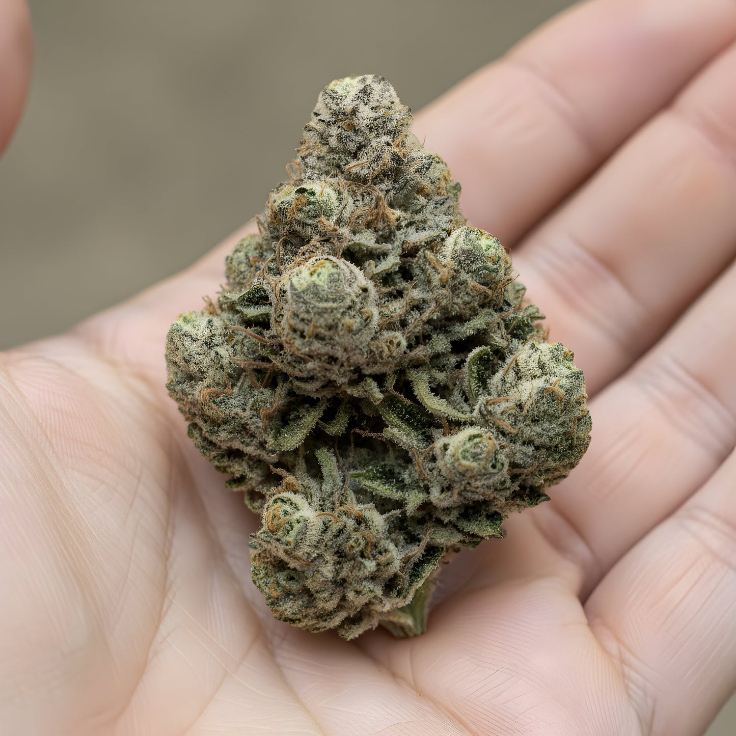 In hand photo of Rainbow Reserve THCA hemp flower hybrid AAA grade, showing colorful frosty nugs with sticky resin and 34 percent THCA potency