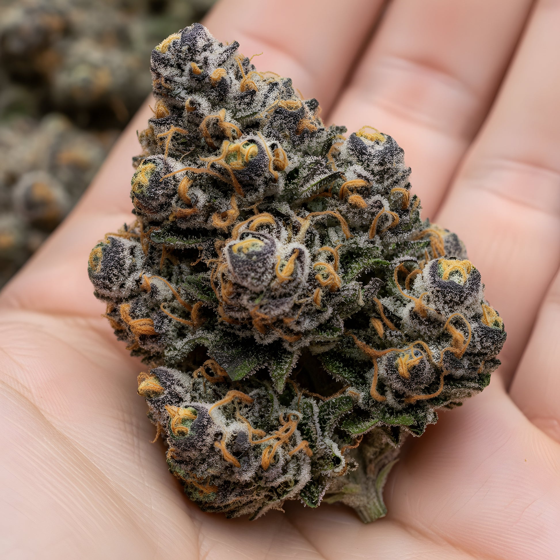 In hand photo of Texas Pound Cake THCA hemp flower indica AAA grade, displaying dense frosty buds with purple tones and 32 percent THCA potency