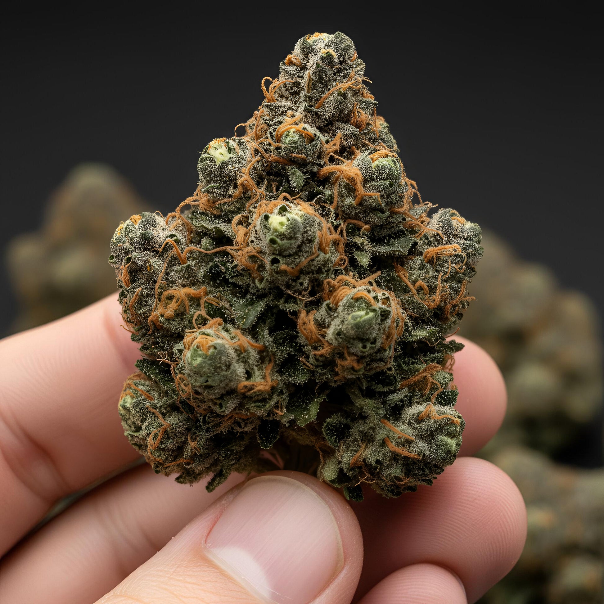 In hand photo of Ghosted THCA hemp flower hybrid AAA grade, showcasing shimmering frosty buds with pale green and white tones and 31 percent THCA potency