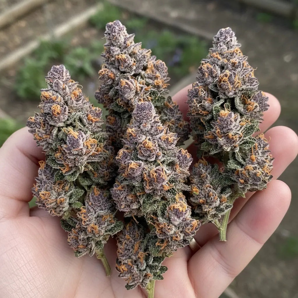 In hand photo of Jealousy THCA hemp flower hybrid AA grade, displaying sticky resin texture and compact high quality nugs | Hurcann