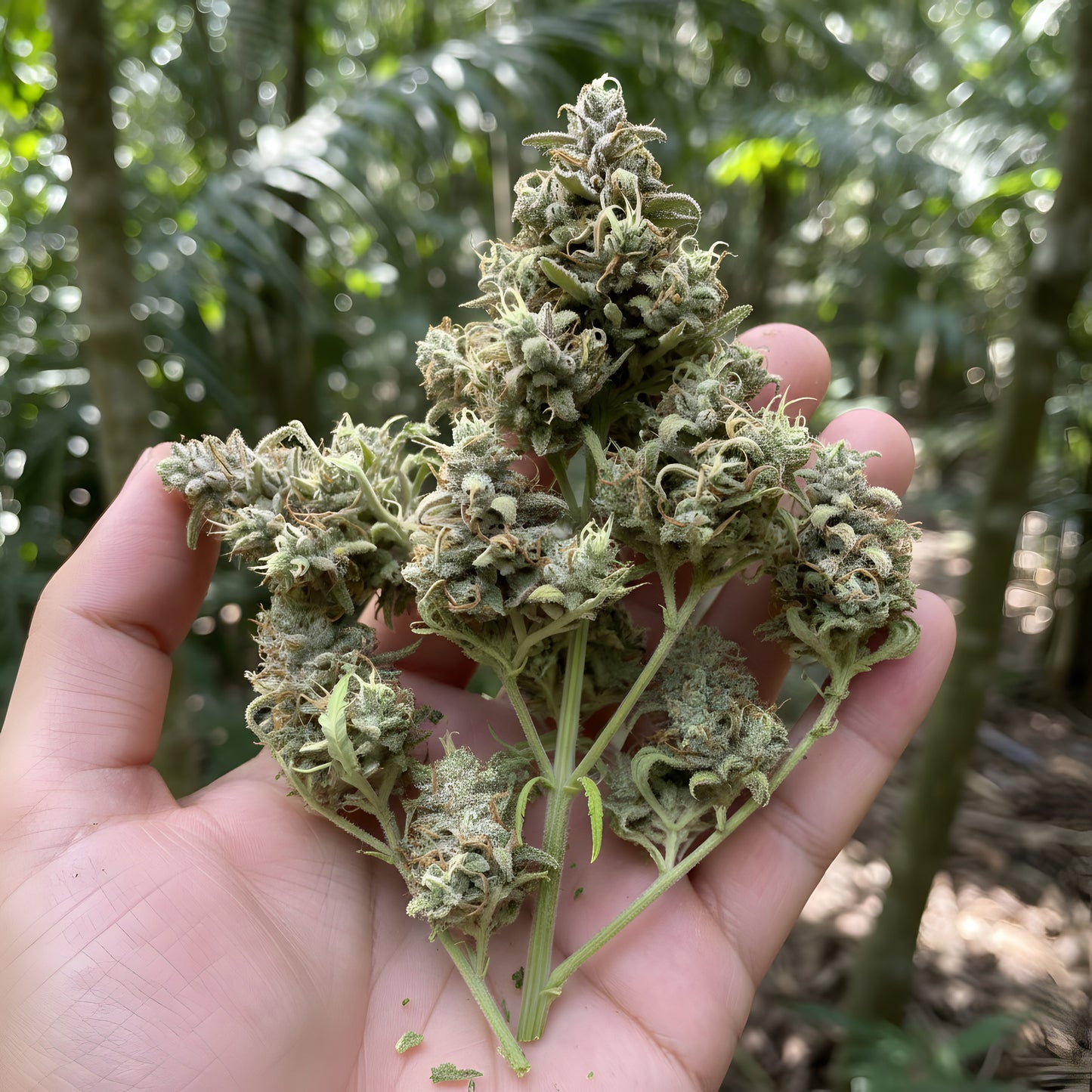 Jungle Fuel THCa Hemp Flower in hand displaying dense hybrid buds, amber pistils, premium AAA-grade quality, and fresh indoor-grown structure