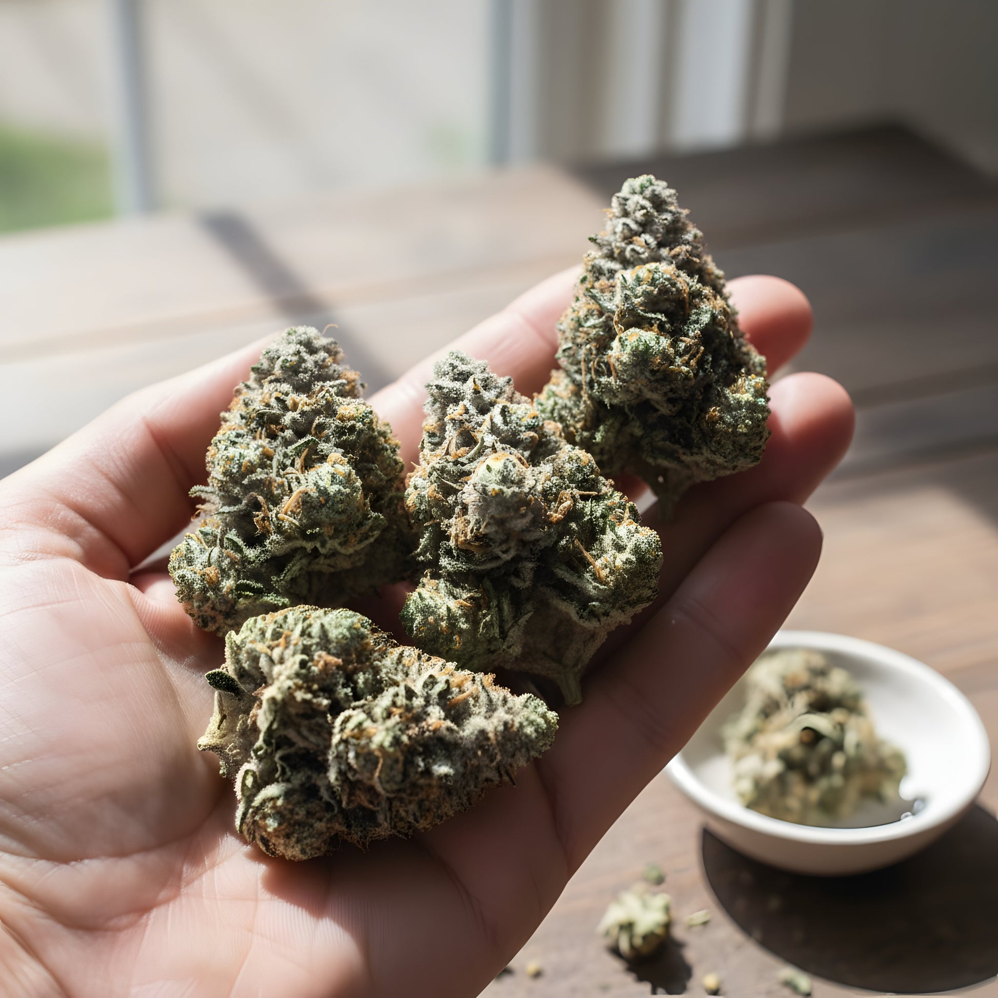 In hand photo of Jokerz THCA hemp flower indica dominant AA grade, showcasing sticky resinous buds with colorful structure