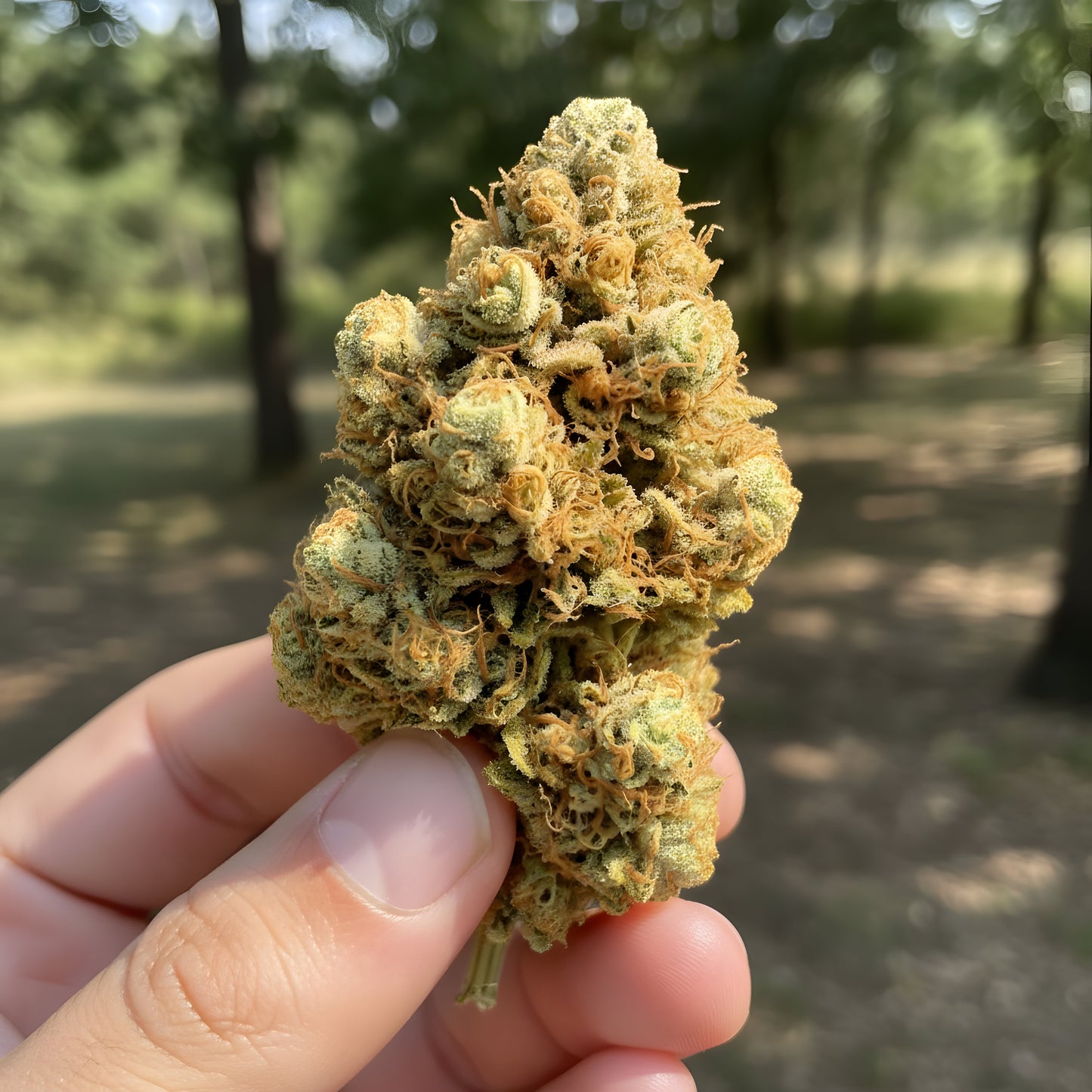 Yellow Tail THCa Hemp Flower in hand displaying dense yet airy sativa-dominant hybrid buds, vibrant color, sticky trichomes, and premium AAA-grade quality
